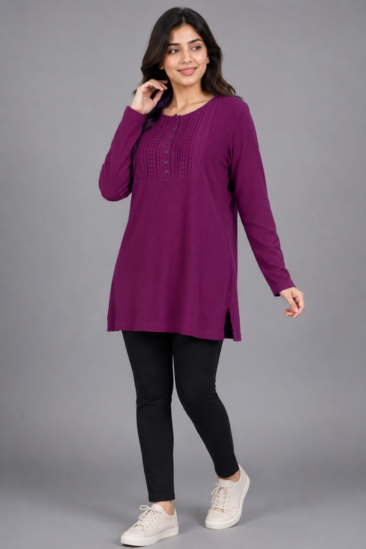 Crimson Crochet-Yoke Ribbed Tunic