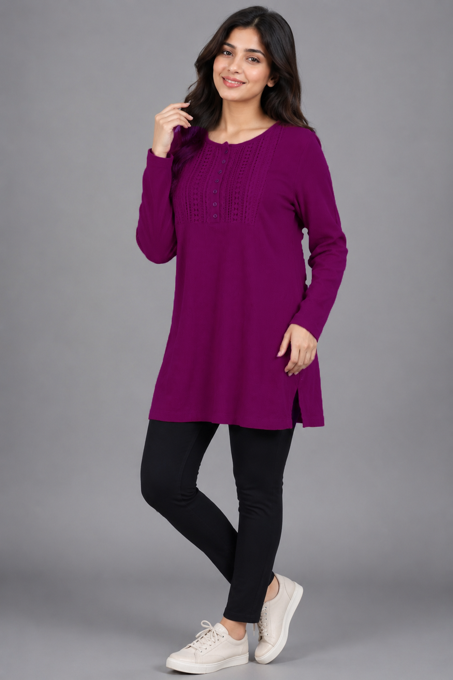 Crimson Crochet-Yoke Ribbed Tunic