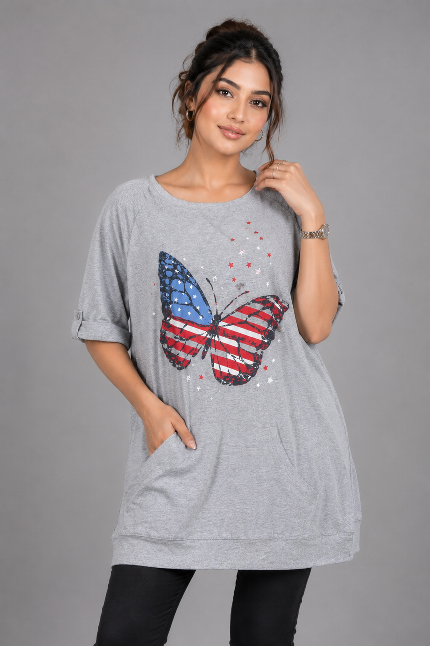 Americana Butterfly T-Shirt Dress with Pockets – Heather Grey
