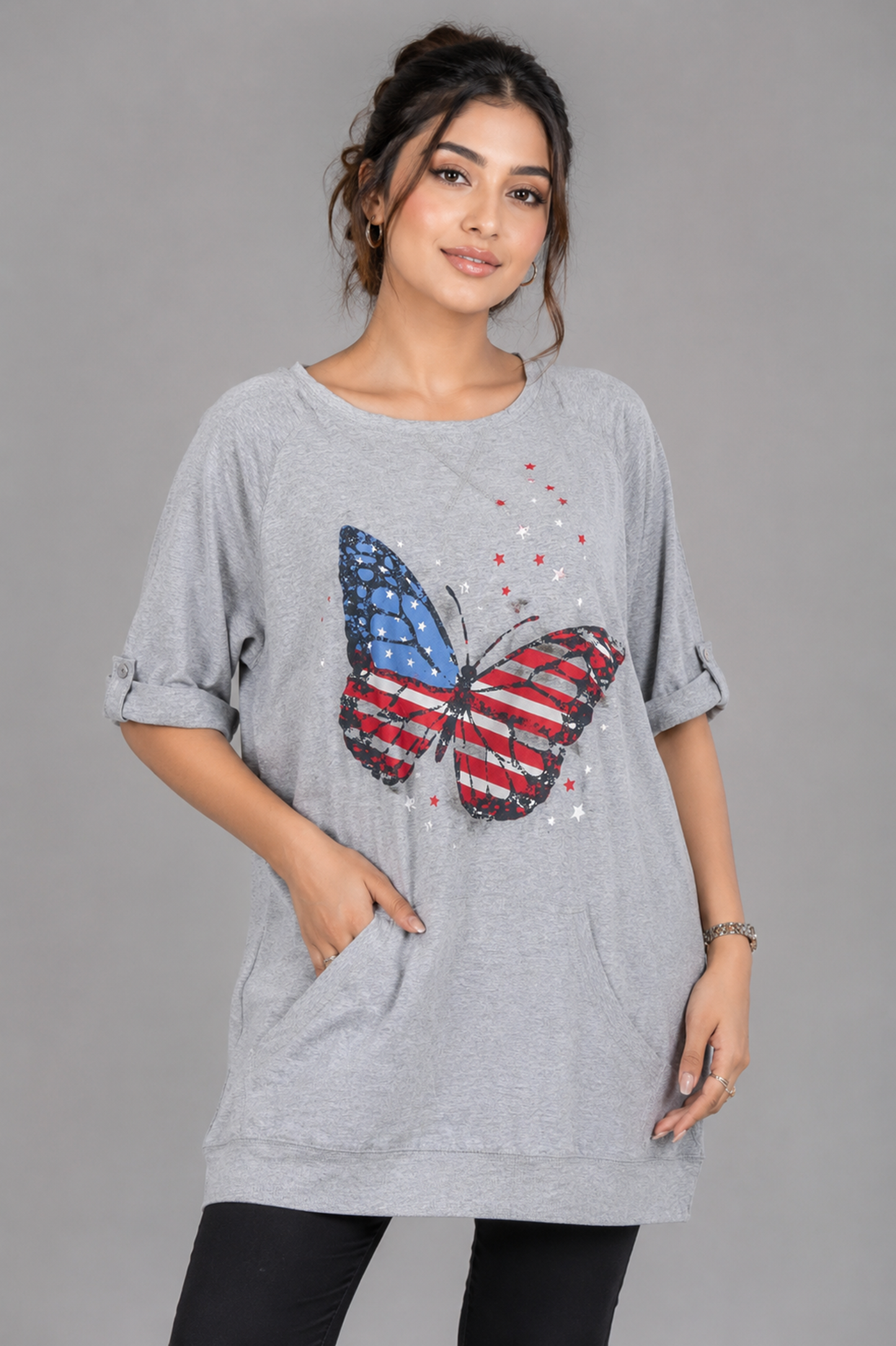 Americana Butterfly T-Shirt Dress with Pockets – Heather Grey