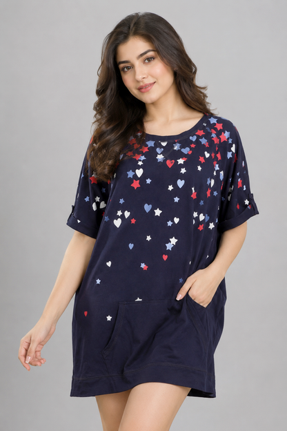 Women's Navy Star & Heart Print Lounge Top with Pocket