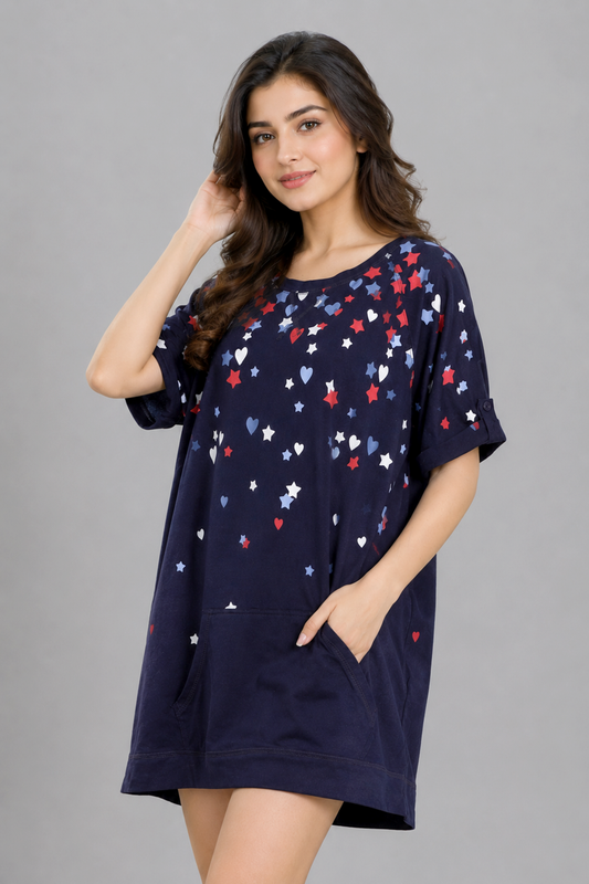 Women's Navy Star & Heart Print Lounge Top with Pocket