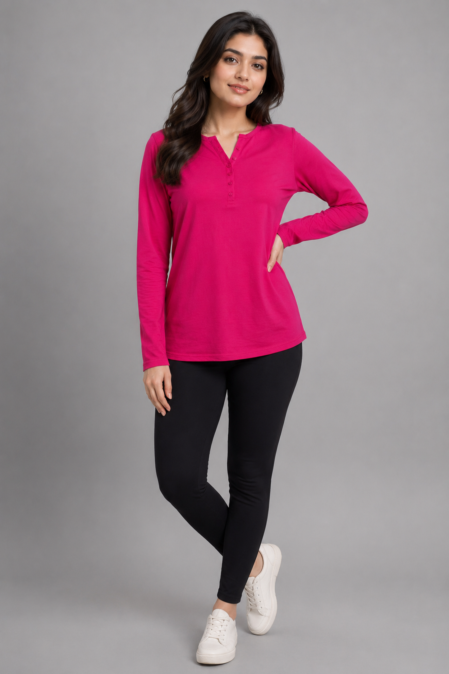 Casual Long-Sleeve Henley Top – Vibrant Magenta