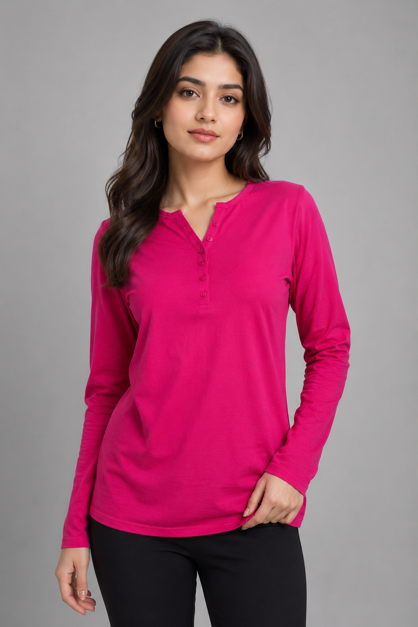 Casual Long-Sleeve Henley Top – Vibrant Magenta
