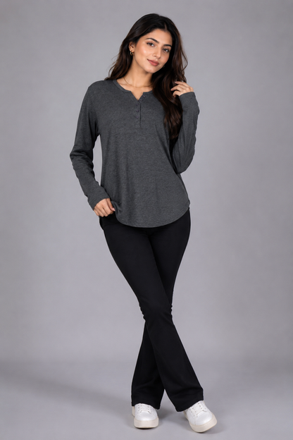 Casual Long-Sleeve Henley Top- Gray