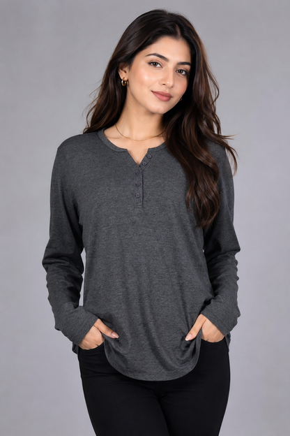 Casual Long-Sleeve Henley Top- Gray
