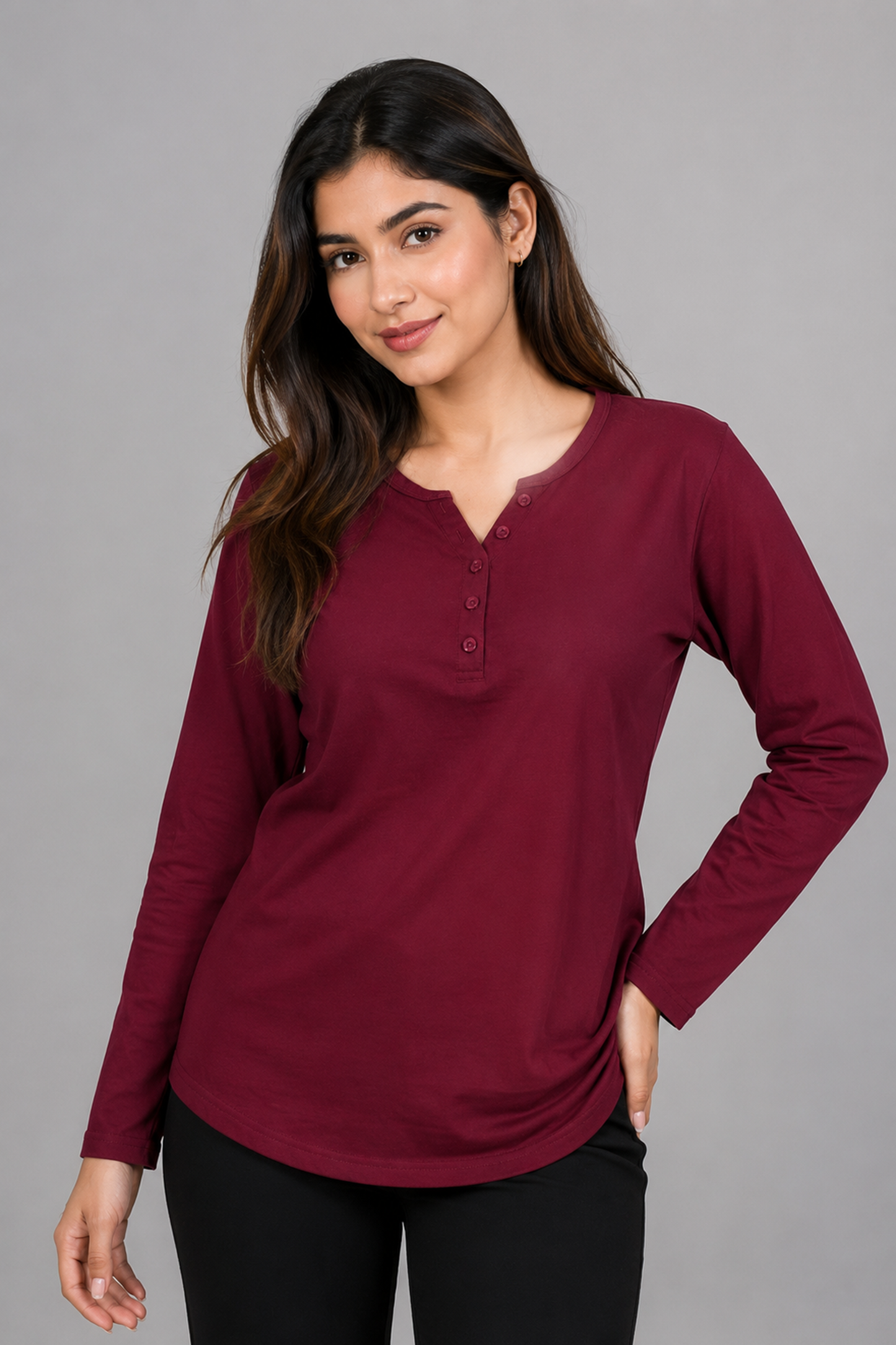 Women’s Long-Sleeve Henley Tee – Rich Maroon