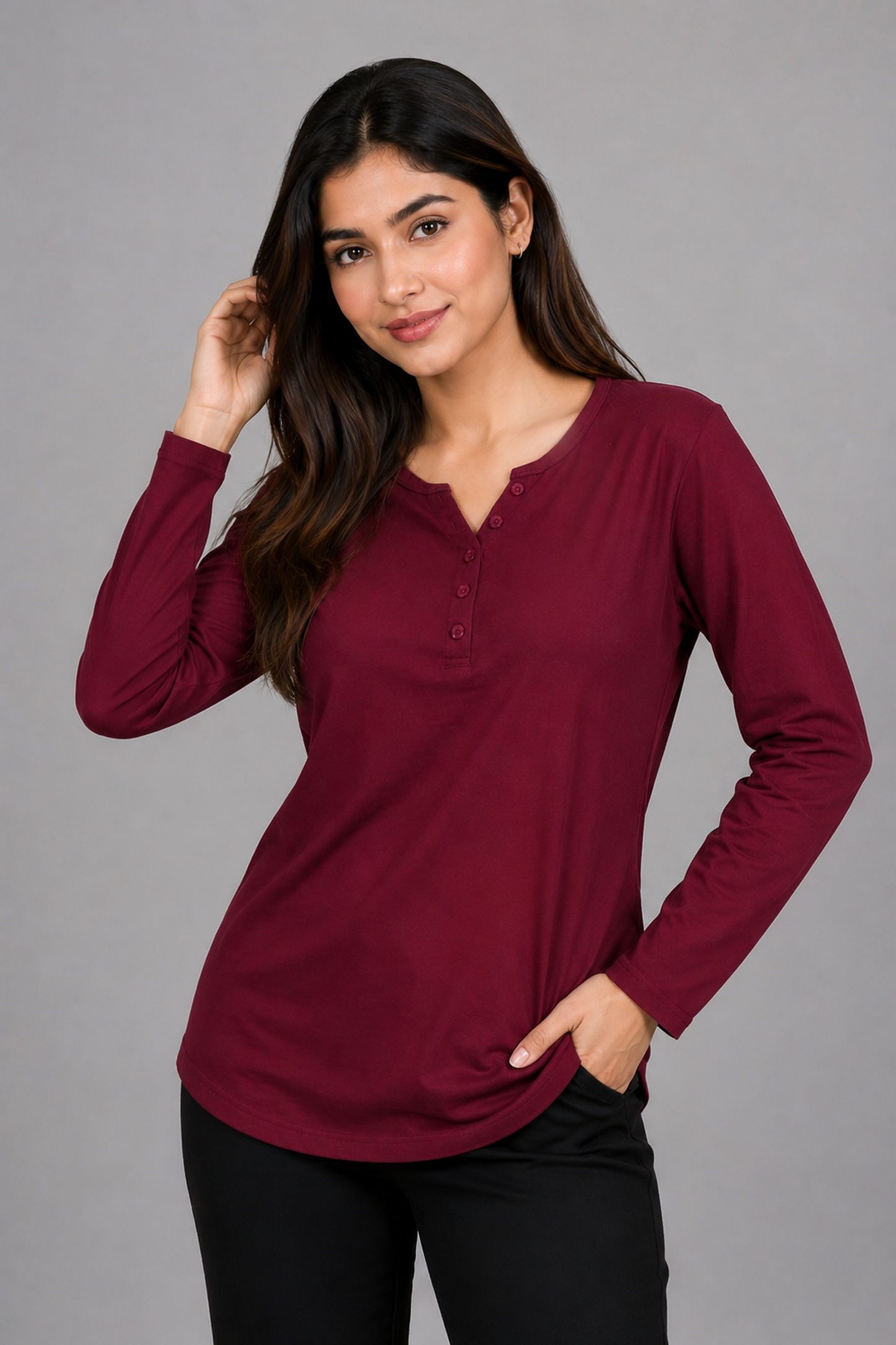 Women’s Long-Sleeve Henley Tee – Rich Maroon