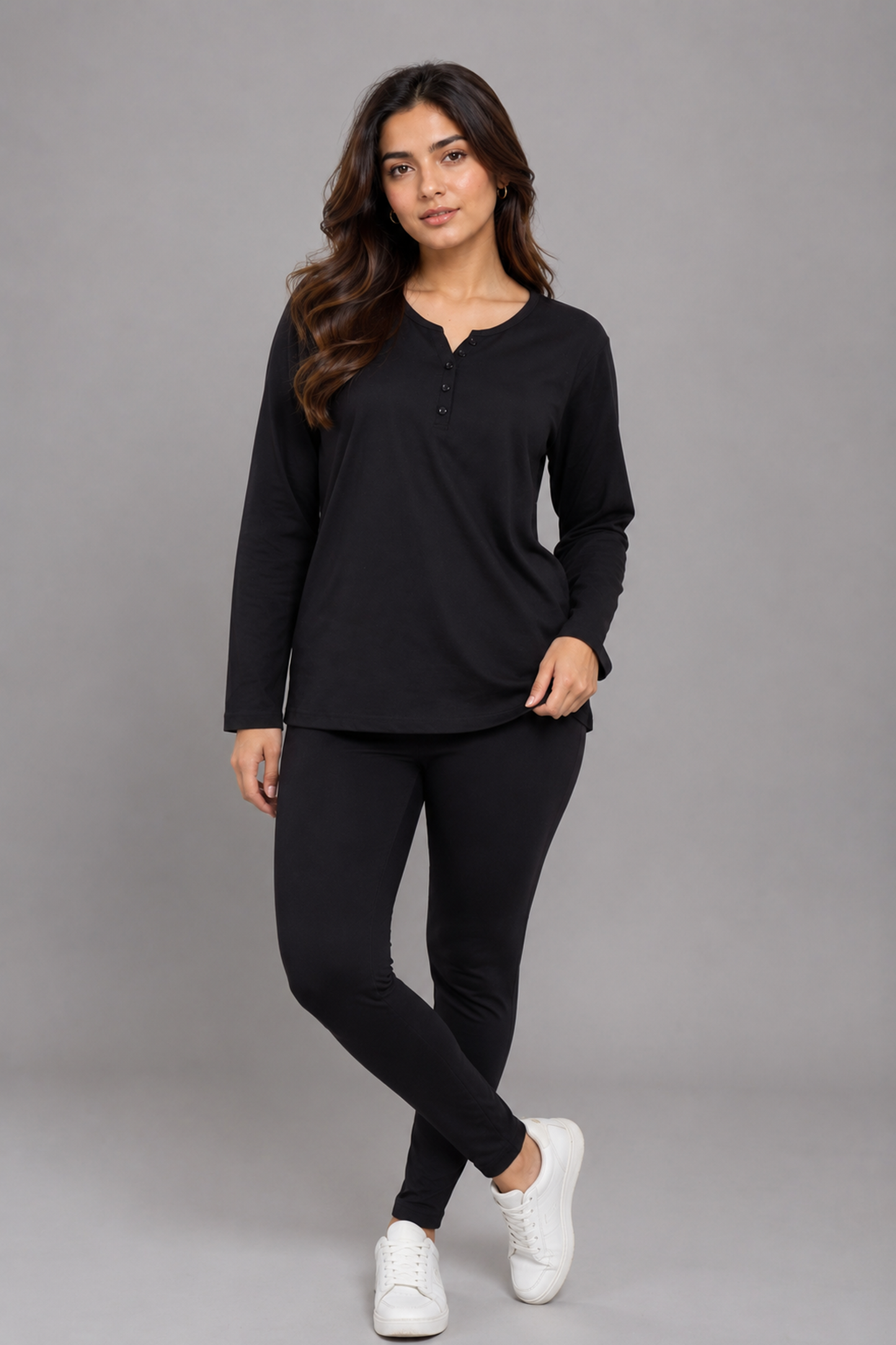 Casual Long-Sleeve Henley Top - Black