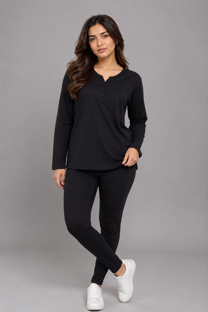 Casual Long-Sleeve Henley Top - Black