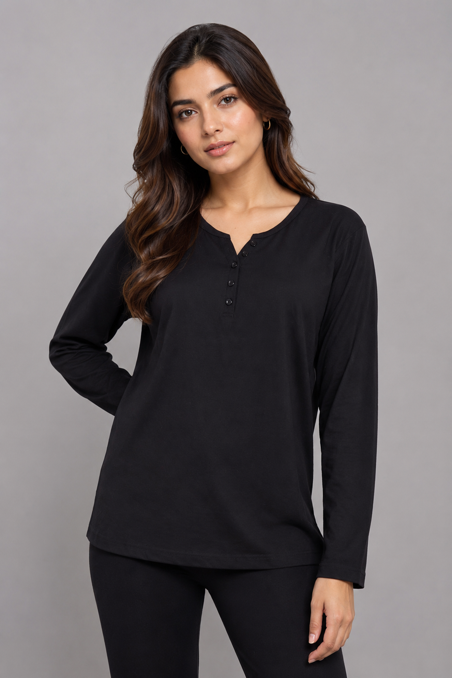 Casual Long-Sleeve Henley Top - Black