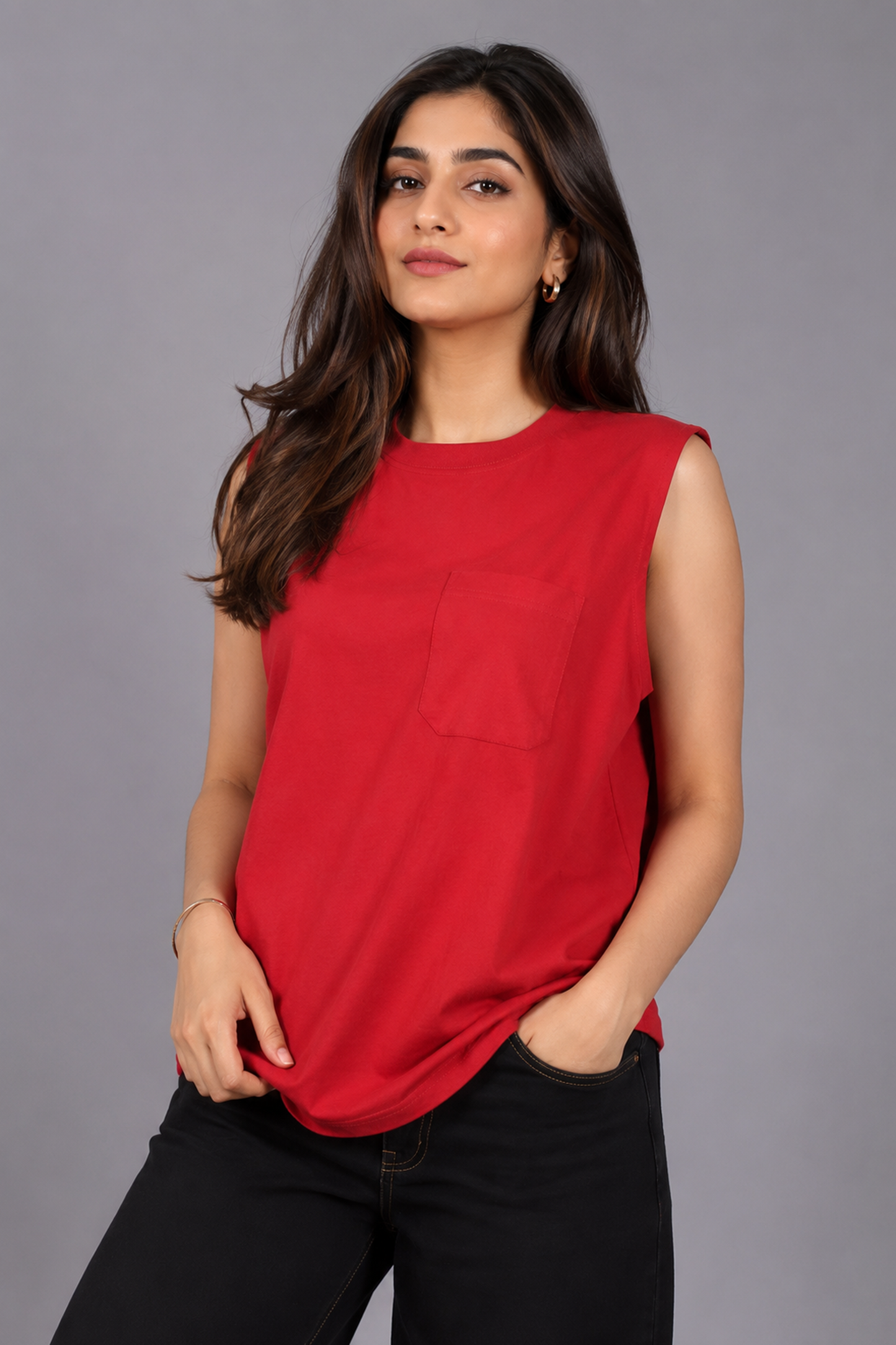 Vibrant Red Sleeveless Pocket Tee