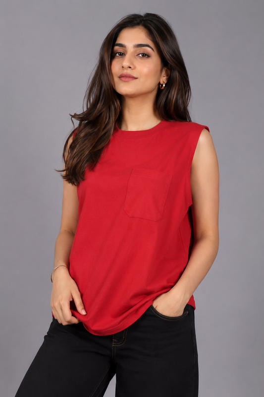 Vibrant Red Sleeveless Pocket Tee
