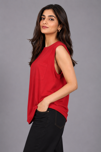 Vibrant Red Sleeveless Pocket Tee