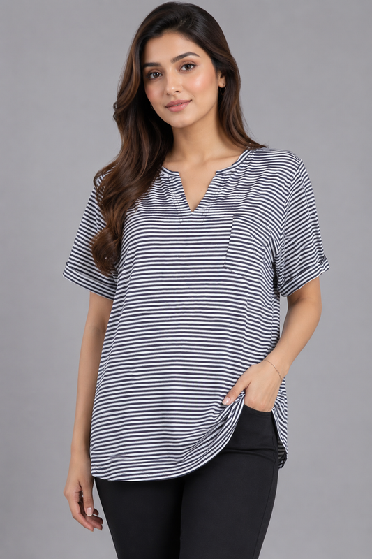 Fine Striped V-Neck T-Shirt – Relaxed Fit