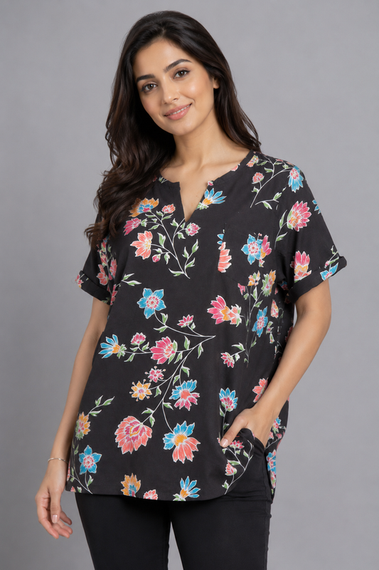 Women’s Floral Print Short-Sleeve Tunic Top – Black