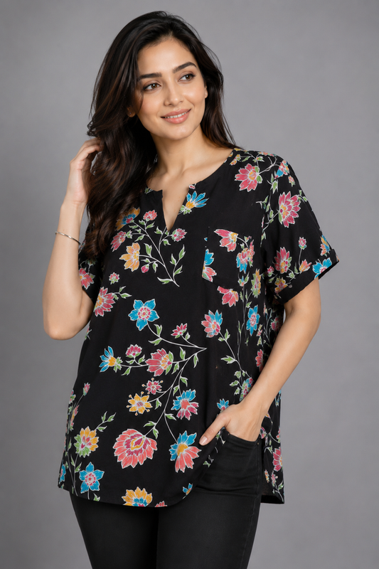 Women’s Floral Print Short-Sleeve Tunic Top – Black