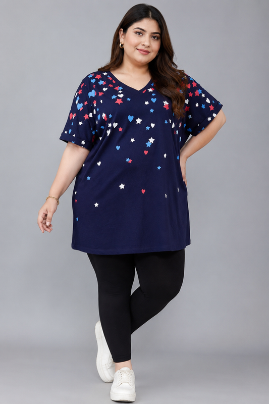 Stars & Hearts Oversized V-Neck Tee – Navy Blue