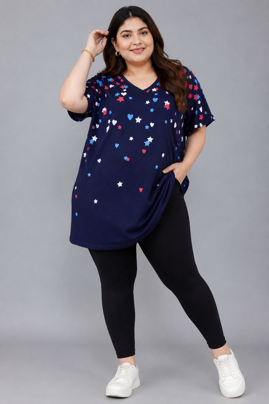Stars & Hearts Oversized V-Neck Tee – Navy Blue