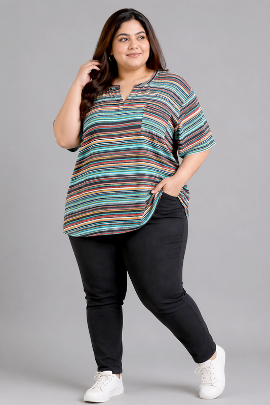Multi-Color Striped Split-Neck Tunic Top