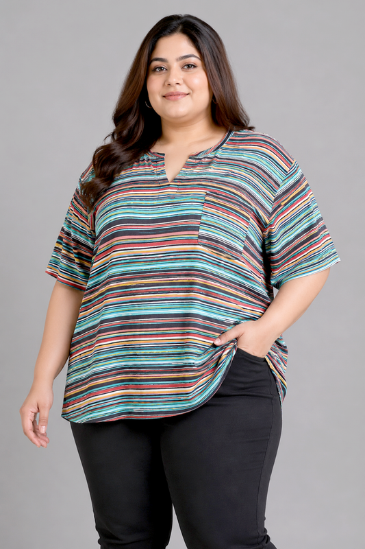 Multi-Color Striped Split-Neck Tunic Top