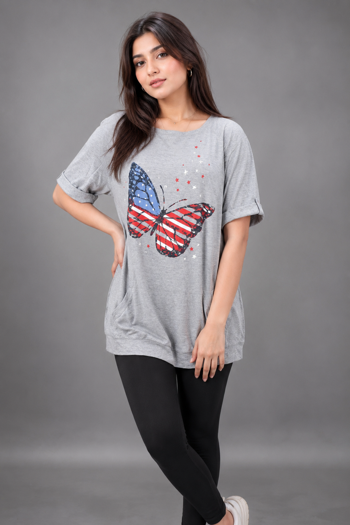 Butterfly T-Shirt with Pockets – Heather Grey