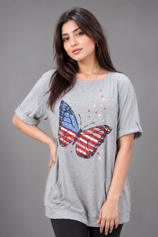 Butterfly T-Shirt with Pockets – Heather Grey