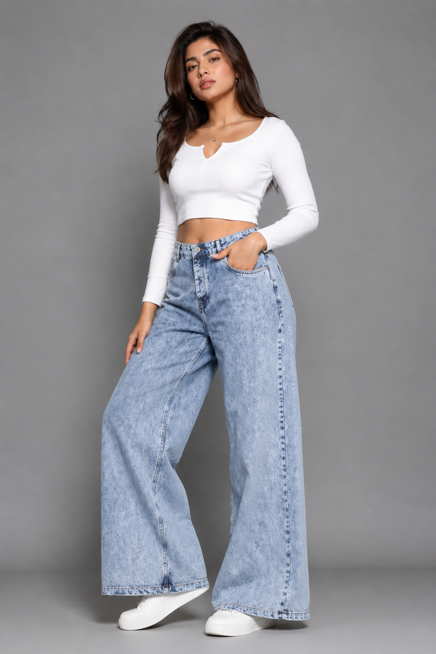Retro Acid Wash High Waist Wide-Leg Denim Jeans