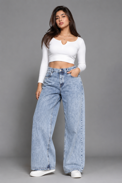 Retro Acid Wash High Waist Wide-Leg Denim Jeans
