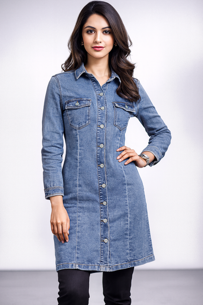 Denim Long-Sleeve Shirt Dress – Stylish & Comfortable