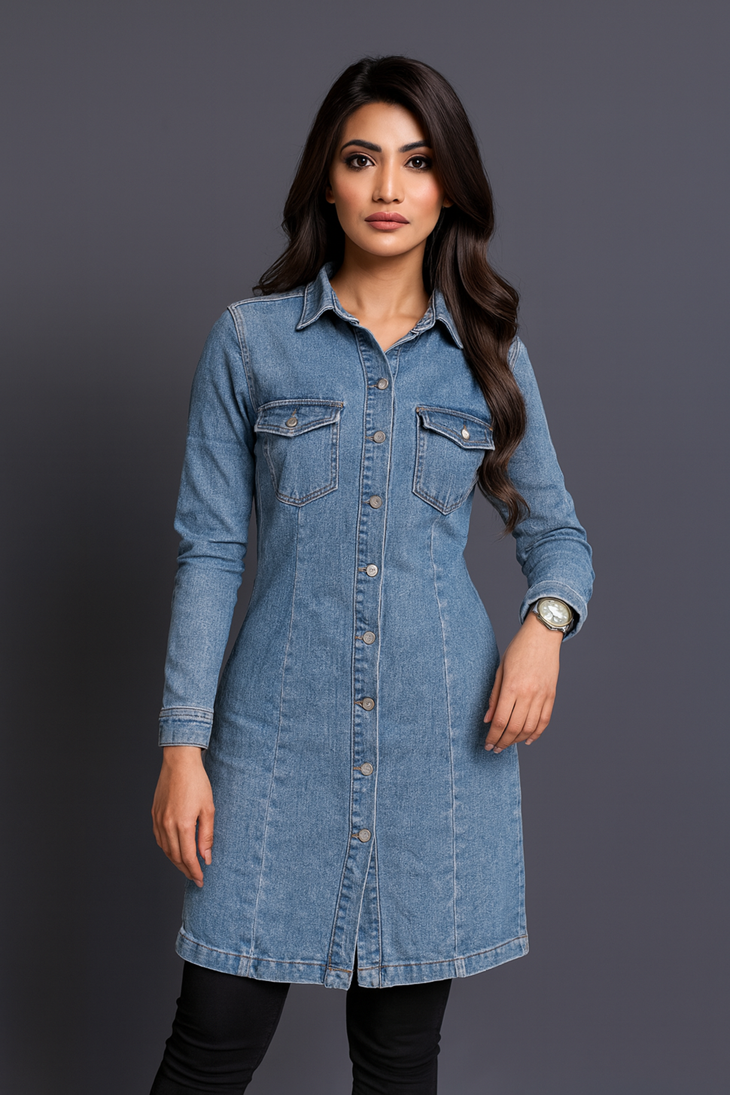 Denim Long-Sleeve Shirt Dress – Stylish & Comfortable