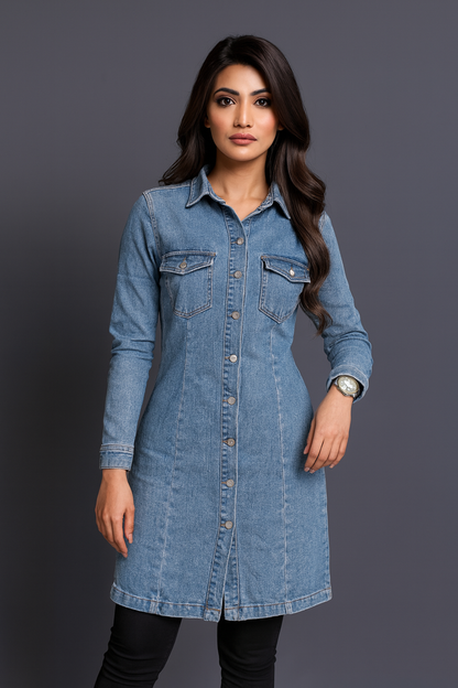 Denim Long-Sleeve Shirt Dress – Stylish & Comfortable