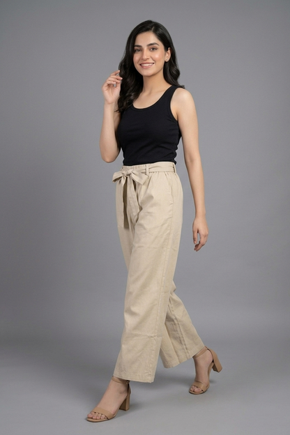 Women’s  Beige Wide-Leg Tie-Waist Trousers
