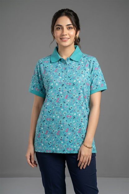 Floral Fields Polo - Teal & Multi-Color Print