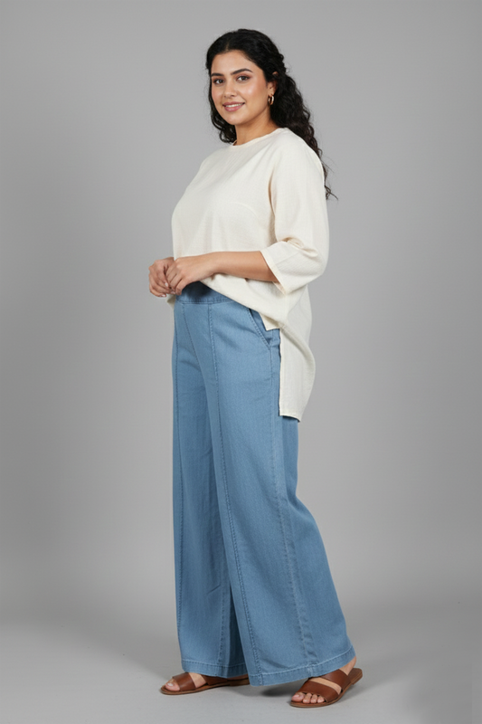 Women’s Mid-Blue Wide-Leg Pull-On Trousers