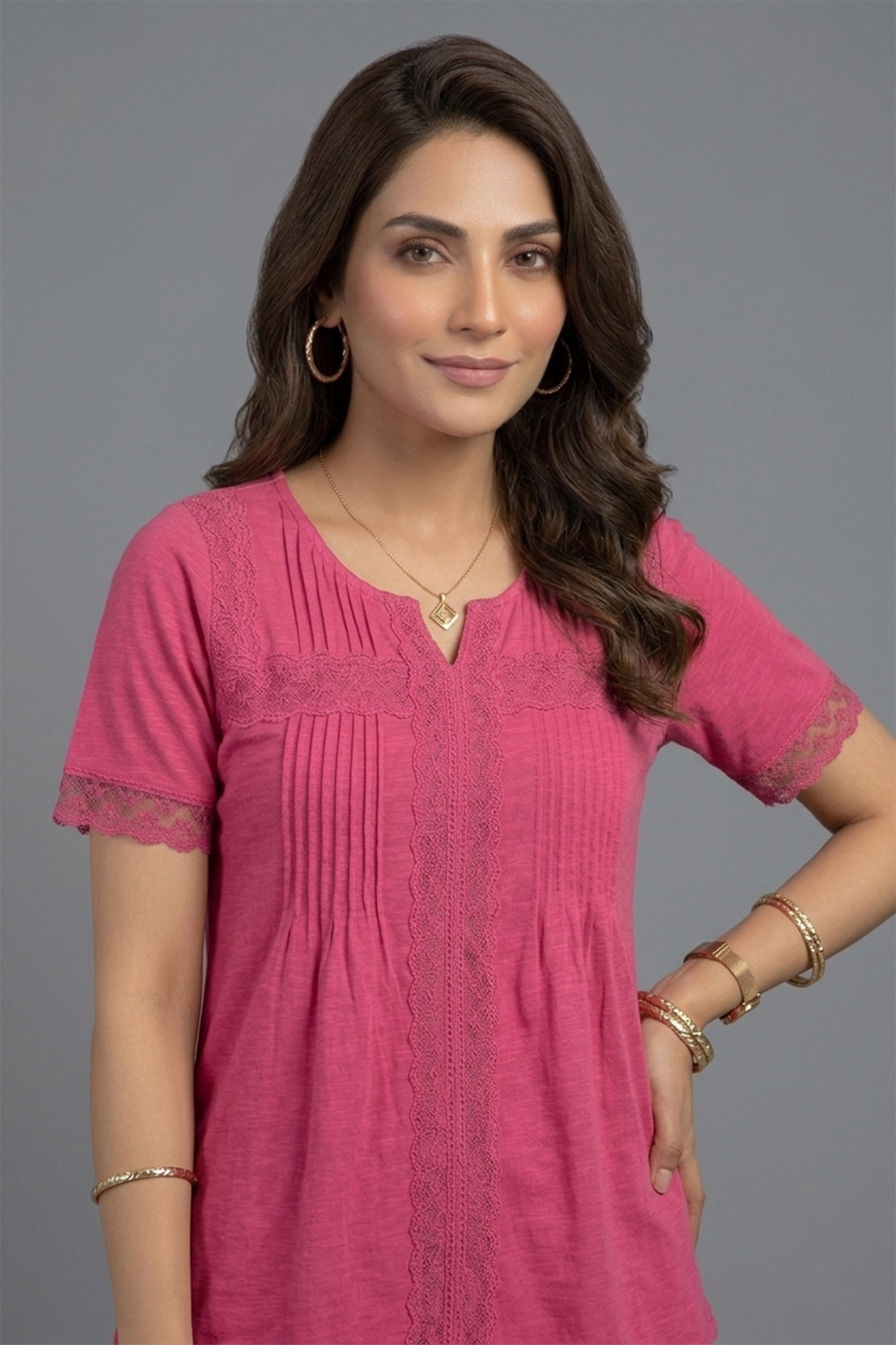 Vibrant Fuchsia Lace-Trim Jersey Tunic