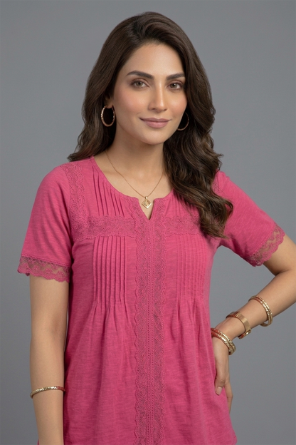 Vibrant Fuchsia Lace-Trim Jersey Tunic
