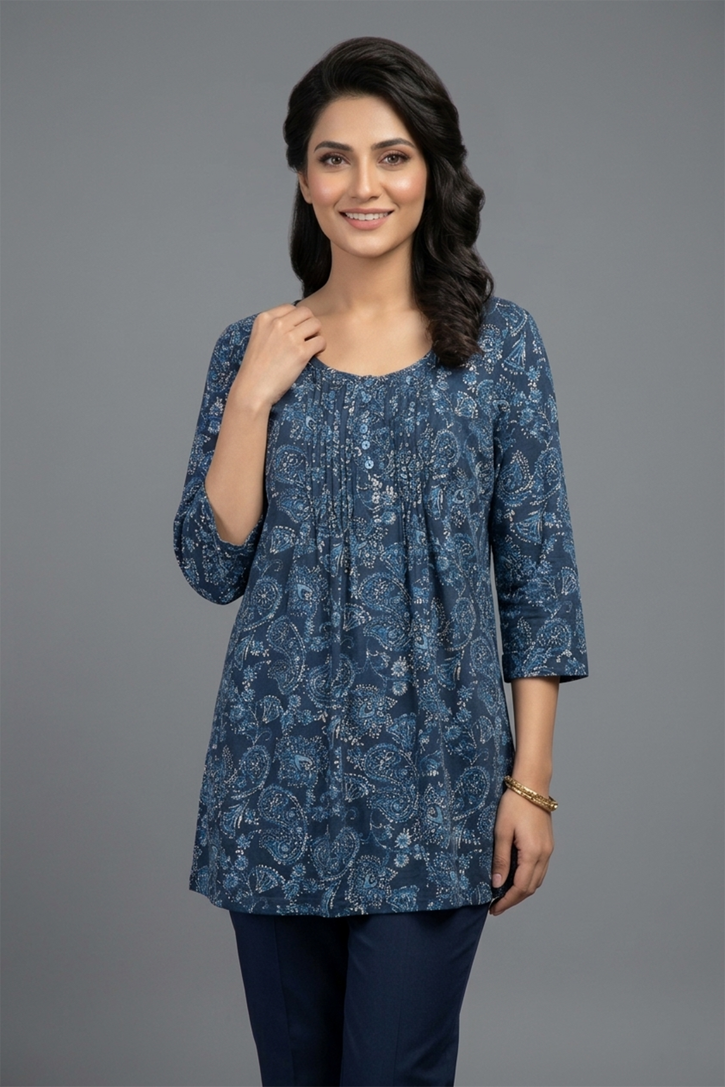 Indigo Paisley Pleated Tunic