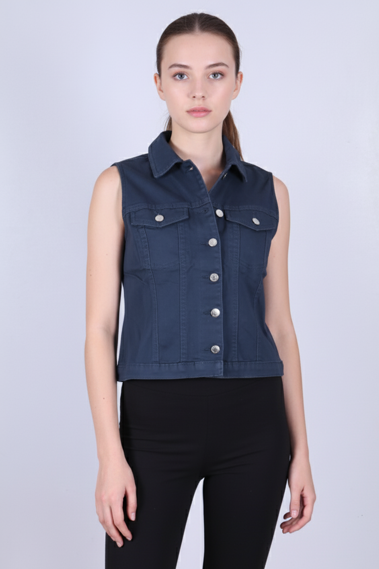 Women's Sleeveless Denim-Look Vest / Navy Blue Cropped Sleeveless Shirt Jacket
