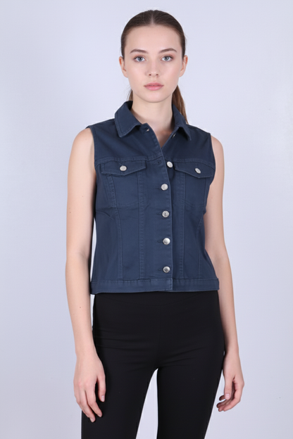 Women's Sleeveless Denim-Look Vest / Navy Blue Cropped Sleeveless Shirt Jacket