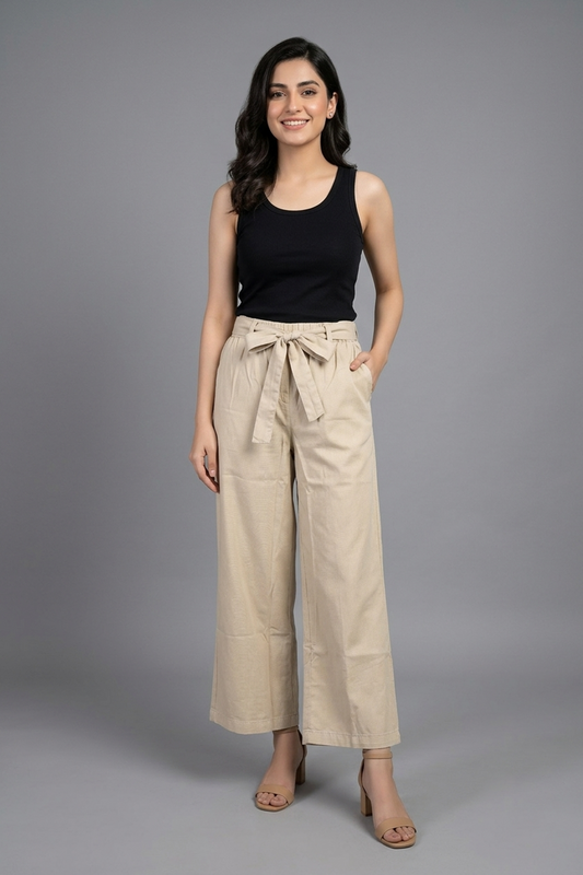 Women’s  Beige Wide-Leg Tie-Waist Trousers