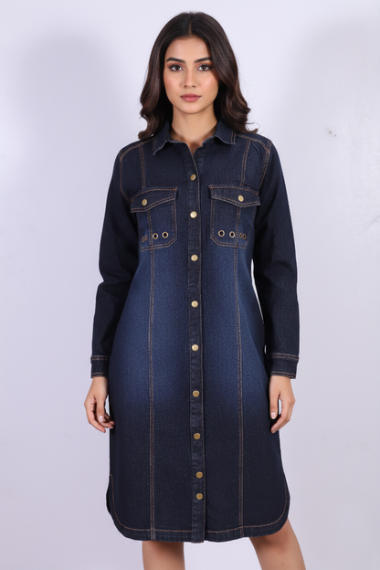 Dark Blue Long-Sleeve Denim Shirt Dress