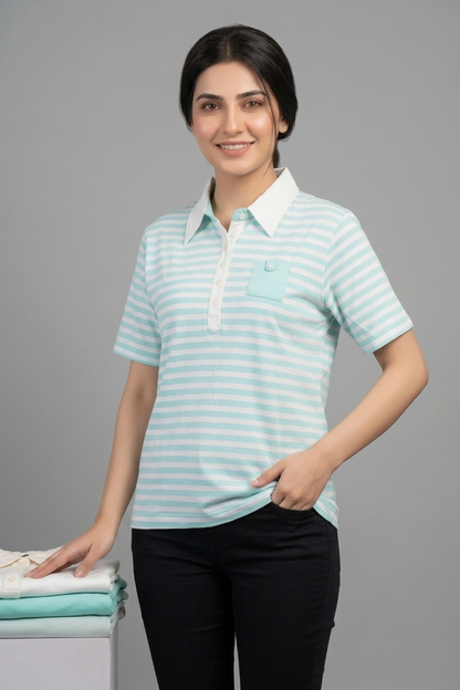 MINOR DEFECT Women's Mint & White Striped Polo Shirt – Casual Short Sleeve Top