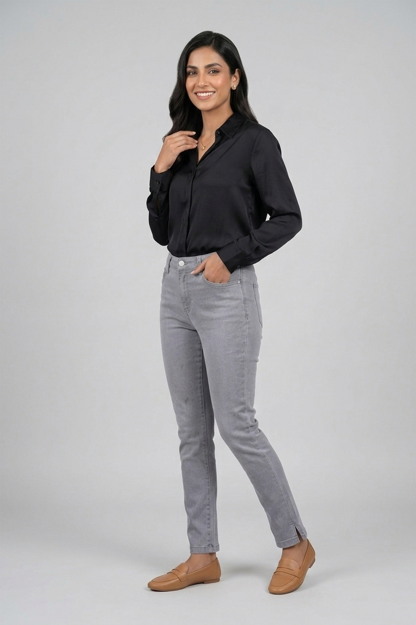 Grey Slim-Fit Stretch Denim Jeans with Side-Slit