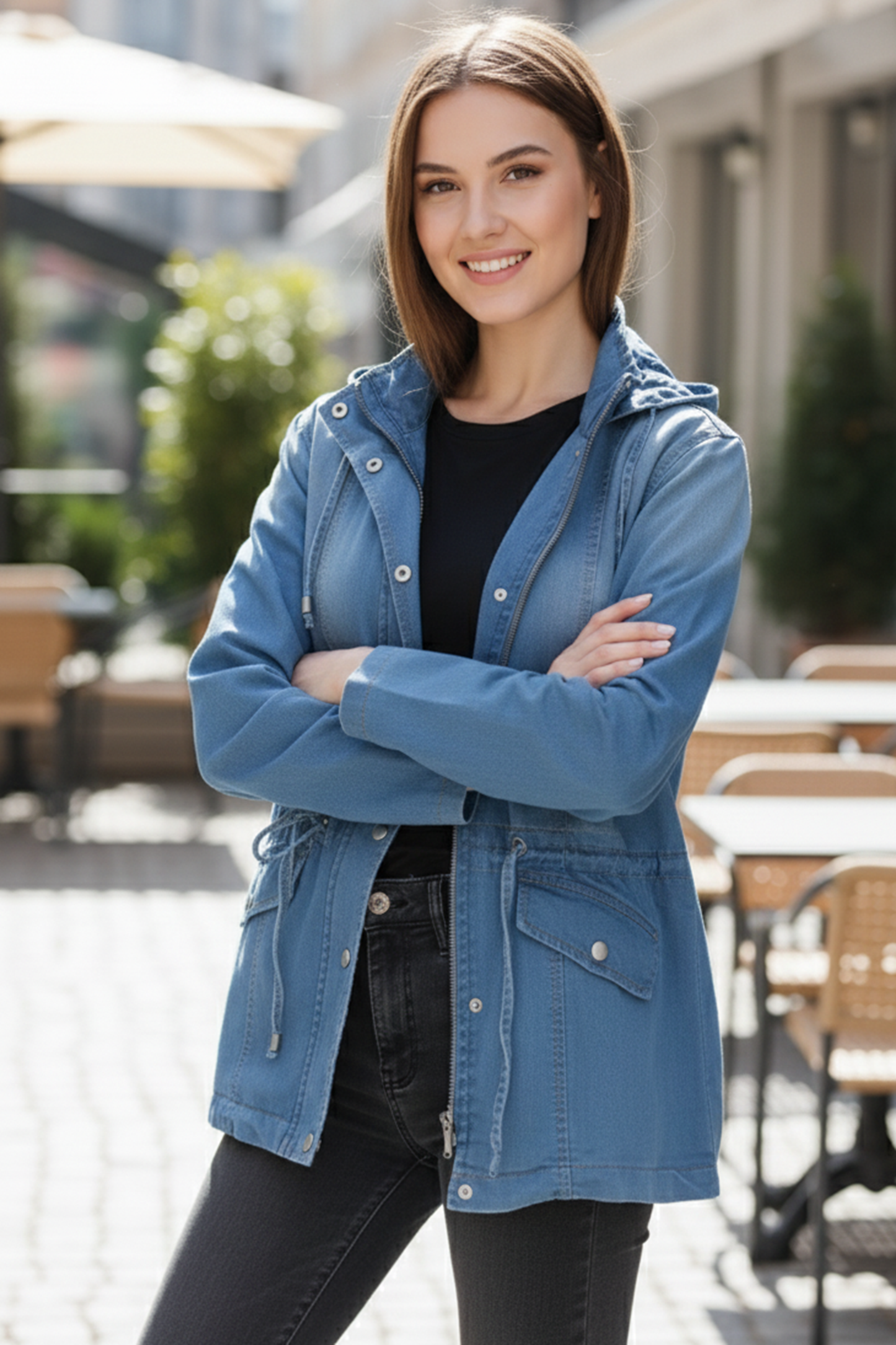 Women's Mid-Wash Denim Utility Jacket with Drawstring Hood