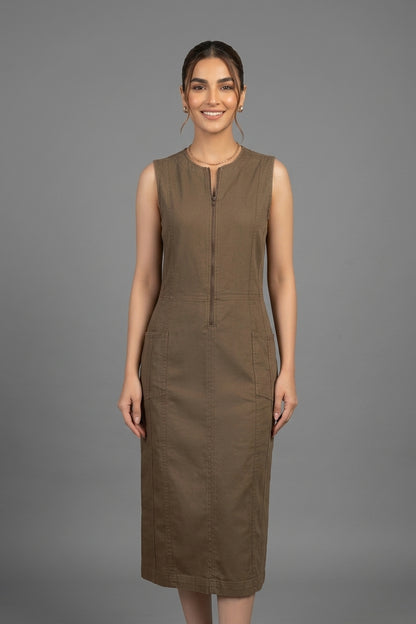 Sleeveless Front-Zip Utility Midi Dress – Olive Brown