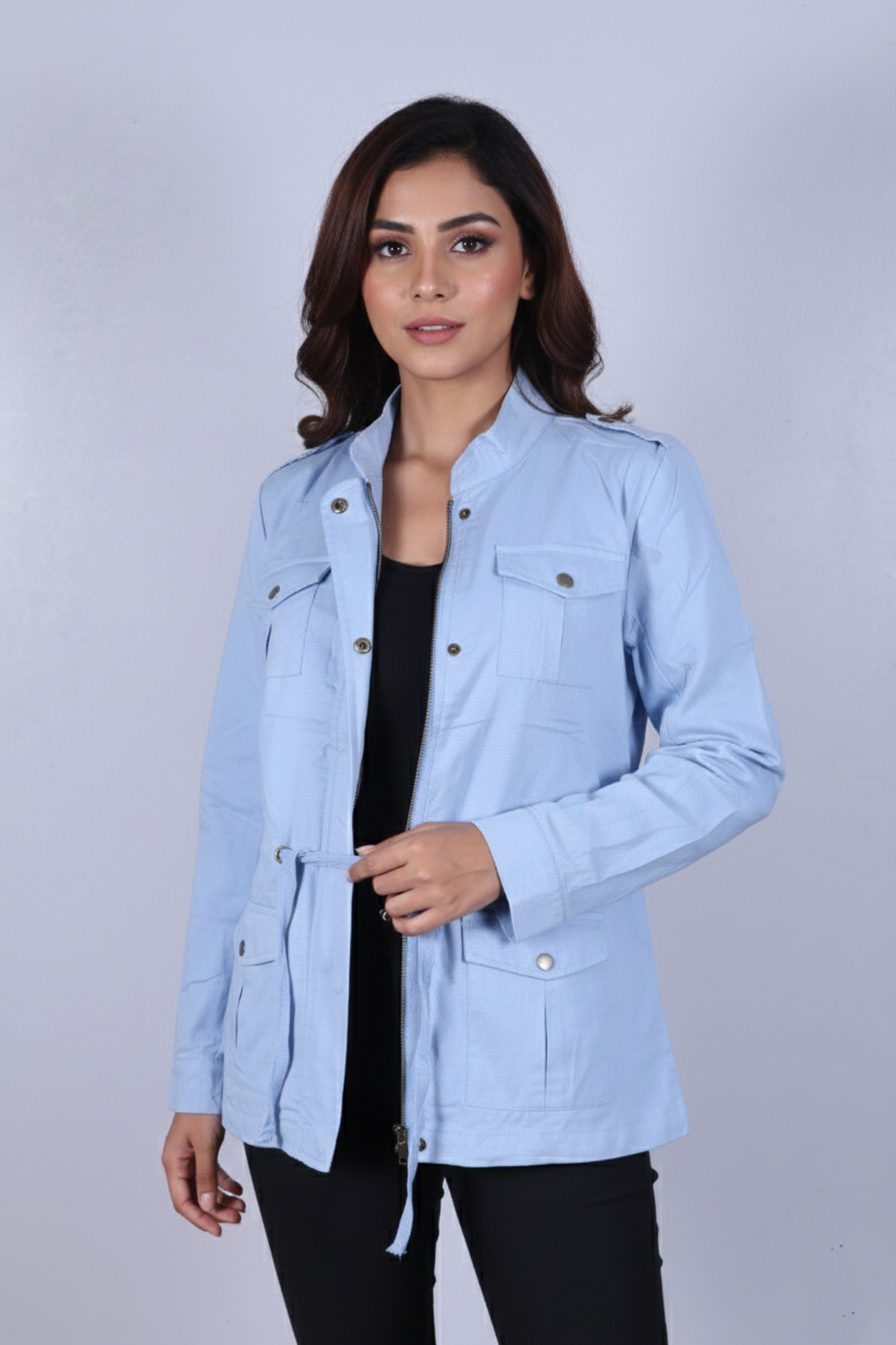 Women's Premium Sky Blue Utility Jacket – Stylish Cargo Jacket with Adjustable Waist