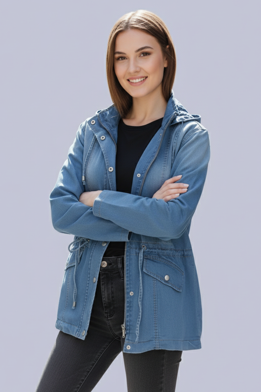 Women's Mid-Wash Denim Utility Jacket with Drawstring Hood