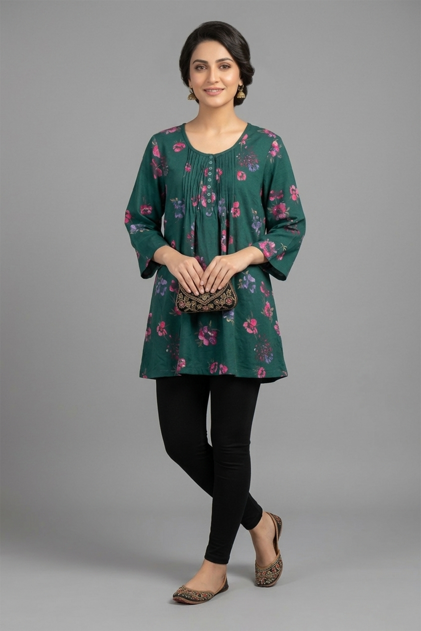 Floral Meadow Pintuck Tunic – Emerald Green