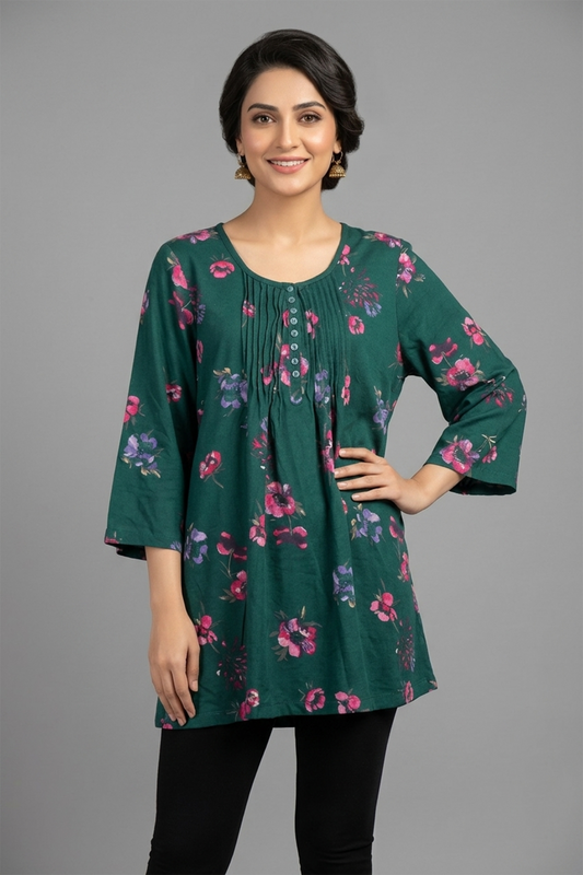 Floral Meadow Pintuck Tunic – Emerald Green